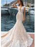 V Neck Ivory Lace Tulle Wedding Dress With Champagne Lining